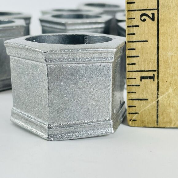 Vtg Wilton Columbia Hexagon Metal Pewter Napkin Rings Set of 12 USA 2"x1.5" 1972 - Picture 10 of 12